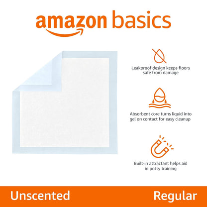 AmazonBasics Pet Pee Pads for Potty Training| Standard | Regular 56 x 56cms | 50 Pieces | Leak-Proof Quick Dry Design, 5-Layer Design, for Small Dogs and Puppies (Standard, Regular Size, 50 Pads)