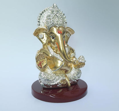 Handcrafted Poly Resin Ganesha Statue with Base - Perfect for Car Dashboard, Office Desk, Shelves, and Home Decor - Ideal Housewarming Gift! (MUKUTGOLD-SIL-ANTIQUEMDF 3" 5)