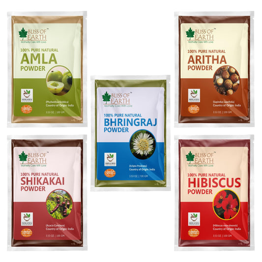 Bliss of Earth Amla Reetha Shikakai Bhringraj Hibiscus Powder – Natural Hair Growth & Hair Mask – 100gm Each, Pack of 5