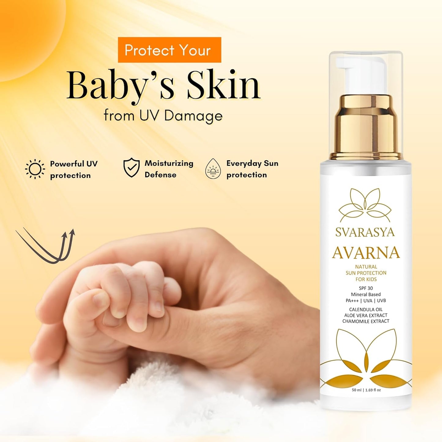 Svarasya Avarna Sunscreen for Kids, 50ml Mineral-Based Kids Sunscreen SPF 30 PA+++, UVA/UVB Protection, Non-Greasy Suncream, Safe for Children Above 6 Months