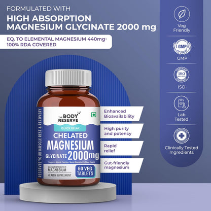 Body Reserve Chelated Magnesium Glycinate supplement bottle on a blue background with certification logos.