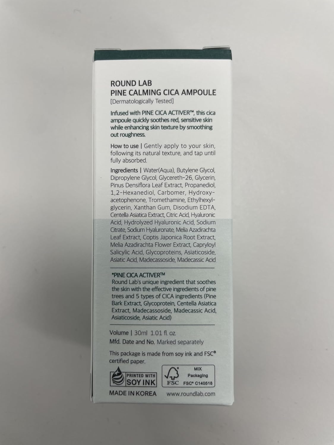 ROUND LAB Pine Calming Cica Ampoule 30ml, Hydrating and Soothing Serum with Pine Cica and Hyaluronic Acid for Skin Barrier Strengthening, Gentle Exfoliation, and Deep Moisture, Korean Skincare