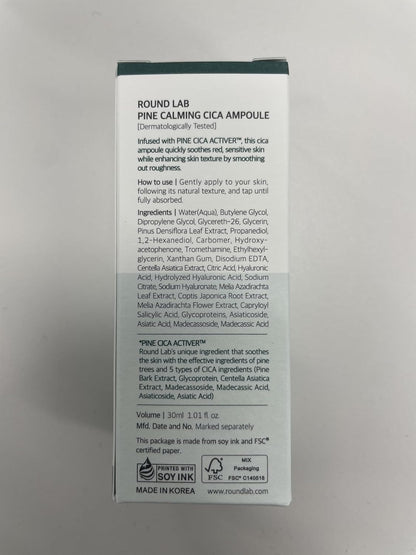 ROUND LAB Pine Calming Cica Ampoule 30ml, Hydrating and Soothing Serum with Pine Cica and Hyaluronic Acid for Skin Barrier Strengthening, Gentle Exfoliation, and Deep Moisture, Korean Skincare