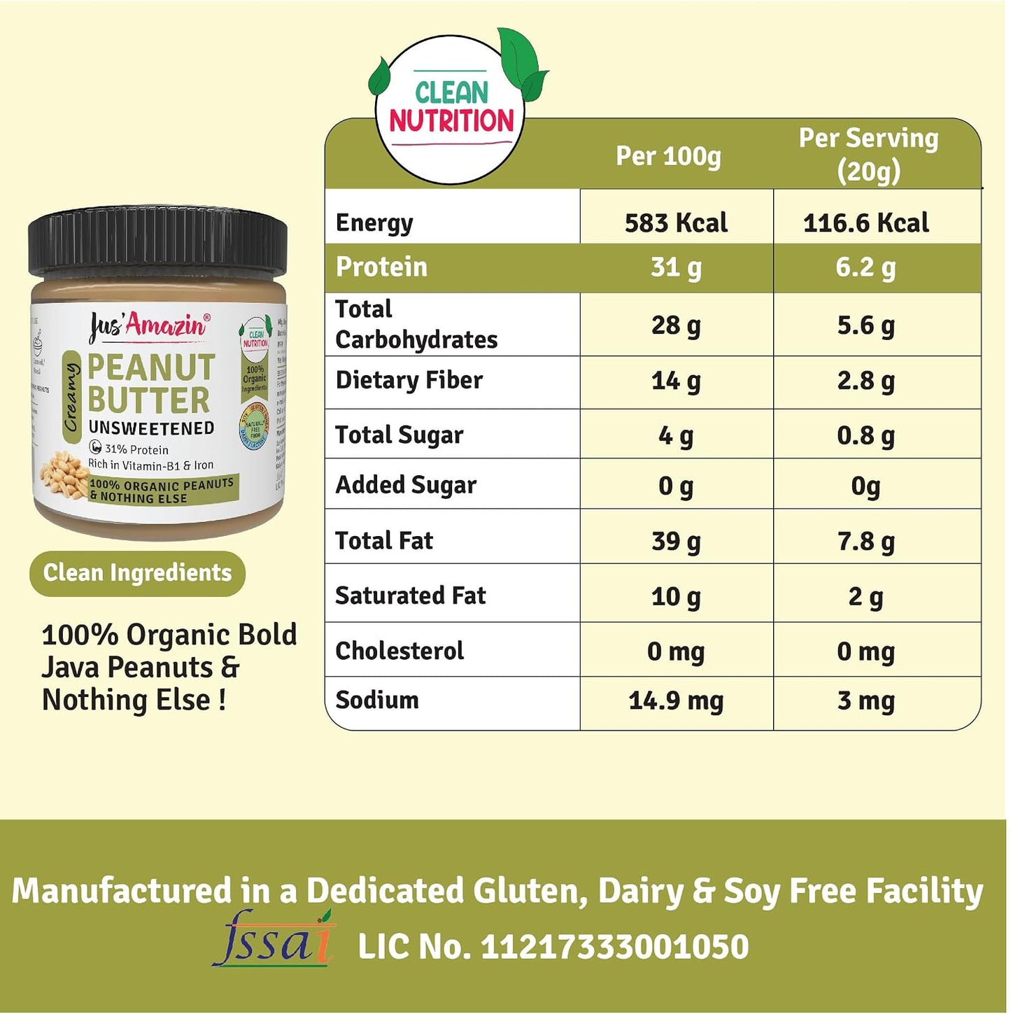 Jus' Amazin Creamy Organic Peanut Butter - Unsweetened | 31% Protein | Single Ingredient - 100% Organic Peanuts (no added Sugar/Salt) | Dairy Free | Keto | Clean Nutrition