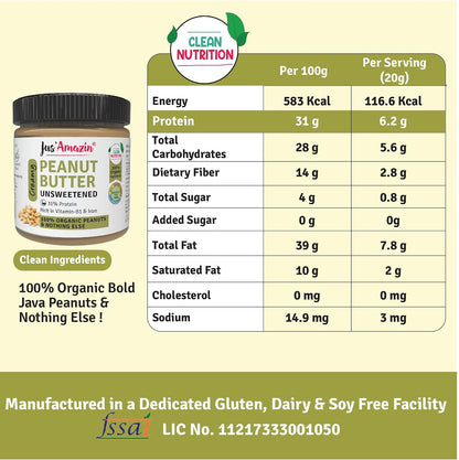 Jus' Amazin Creamy Organic Peanut Butter - Unsweetened | 31% Protein | Single Ingredient - 100% Organic Peanuts (no added Sugar/Salt) | Dairy Free | Keto | Clean Nutrition