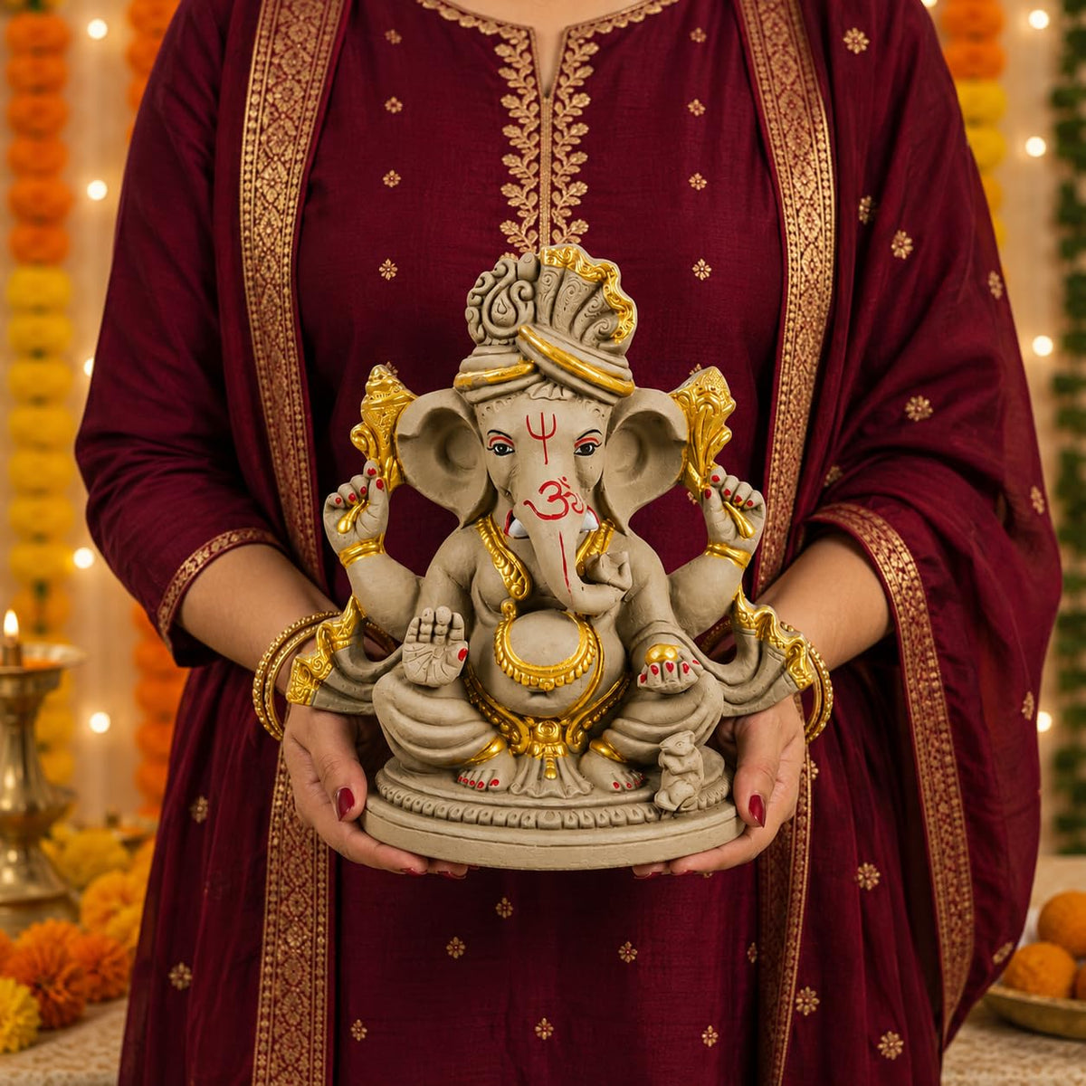 TIED RIBBONS 100% Eco Friendly Clay Mitti Ganesha Idol Statue - (Large, 12 Inch) Murti for Ganpati Visarjan Pooja Room Handcrafted Decoration Items for Ganesh Chaturthi Home Décor Table Gifting Item