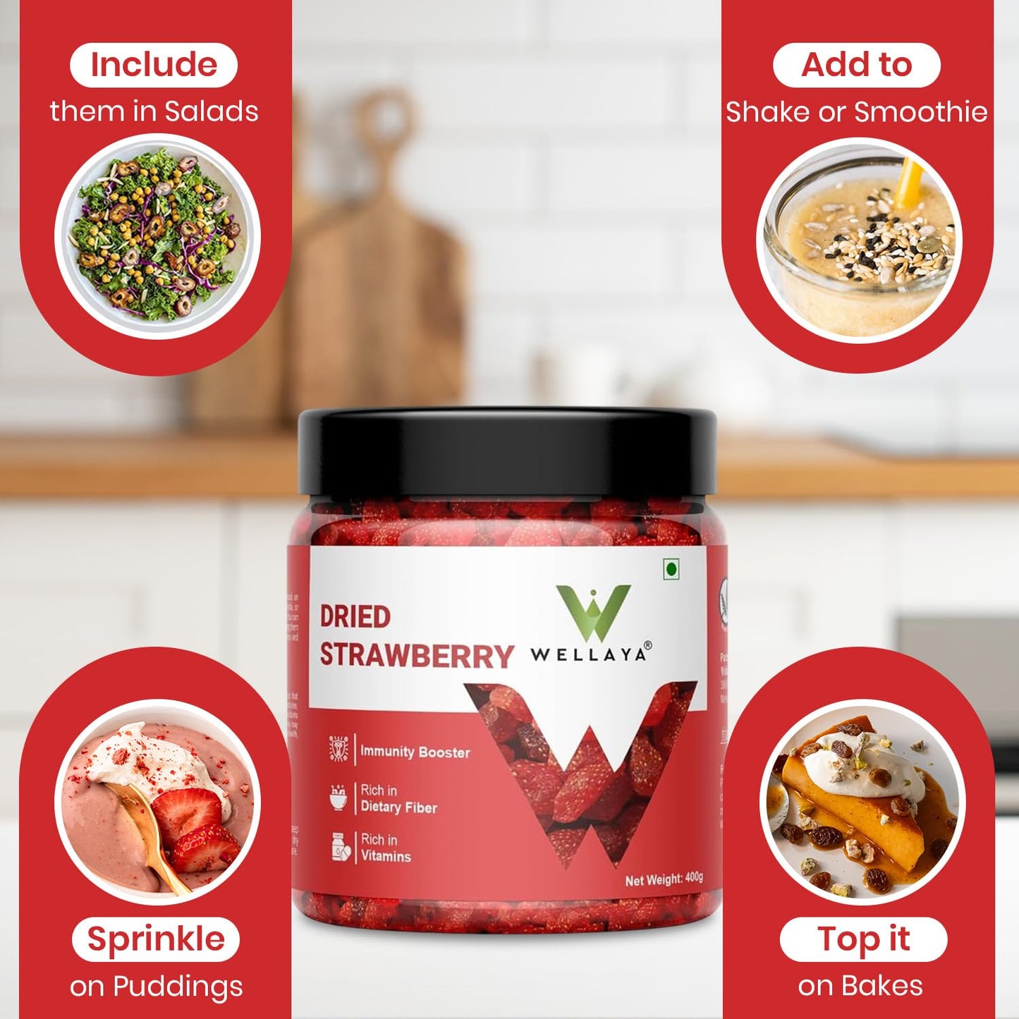 WELLAYA Premium Dried Strawberry | 100% Natural Dehydrated Strawberries | High In Vitamin C, Nutrients & Other Anti-oxidants | Healthy and Tasty Whole & Dried Strawberries
