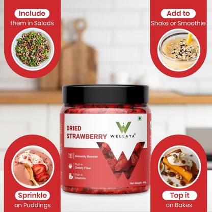 WELLAYA Premium Dried Strawberry | 100% Natural Dehydrated Strawberries | High In Vitamin C, Nutrients & Other Anti-oxidants | Healthy and Tasty Whole & Dried Strawberries