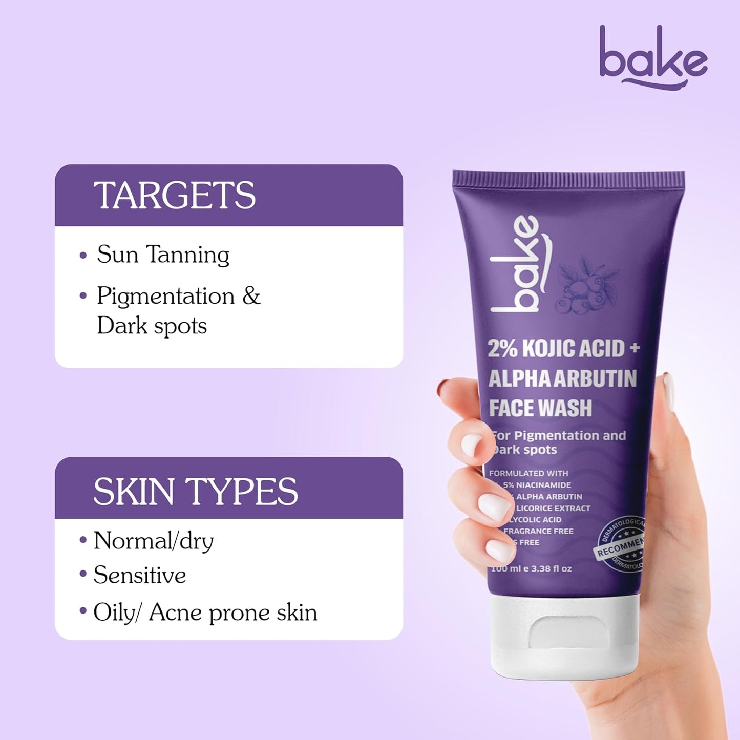 BAKE 2% Kojic Acid Brightening Face Wash Dual Action Formula with Alpha Arbutin & Niacinamide | De-Tan Wash | For Pigmentation, Dark Spots & Tan Removal | Anti Pigmentation Daily Wash - 100ml