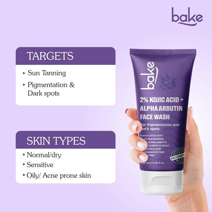 BAKE 2% Kojic Acid Brightening Face Wash Dual Action Formula with Alpha Arbutin & Niacinamide | De-Tan Wash | For Pigmentation, Dark Spots & Tan Removal | Anti Pigmentation Daily Wash - 100ml