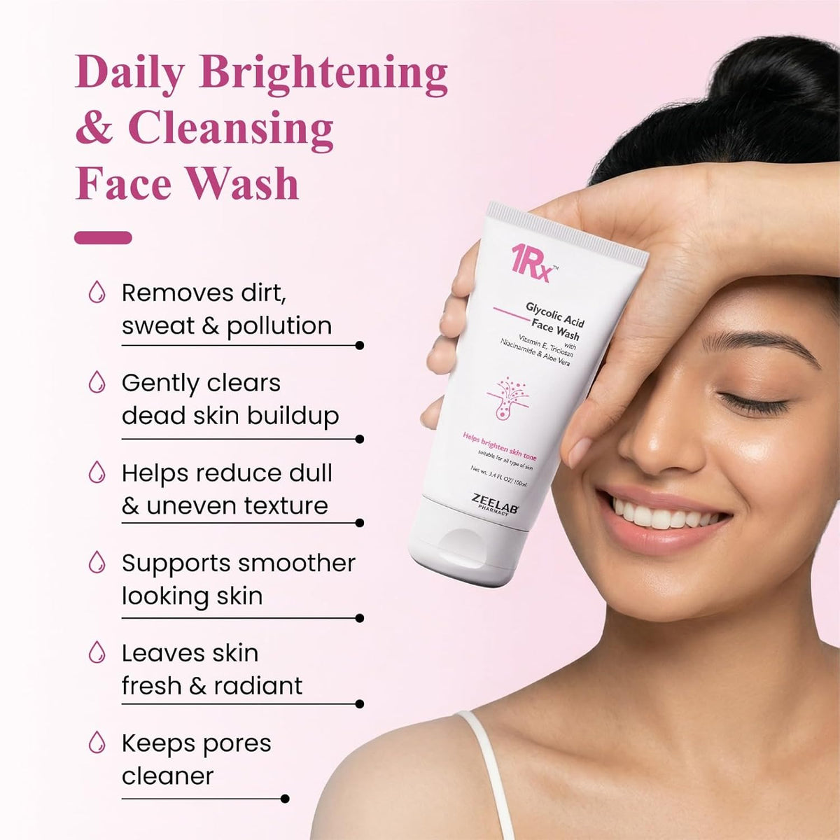 Woman holding a tube of 1RX Daily Brightening & Cleansing Face Wash with product benefits listed.