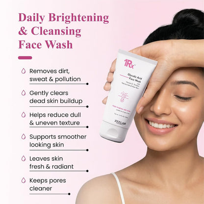 Woman holding a tube of 1RX Daily Brightening & Cleansing Face Wash with product benefits listed.