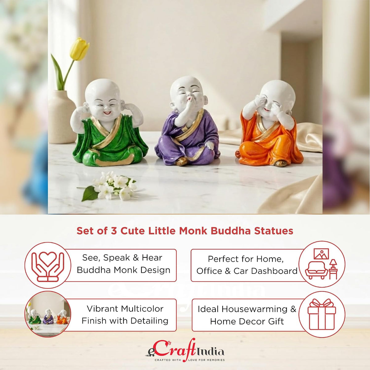 eCraftIndia Resin Green, Purple & Orange Think No Evil Speak No Evil Hear No Evil Set of 3 Cute Little Monk Buddha Statues Decorative Showpieces for Car Dashboard Home Office Desk Decor Gift Purpose