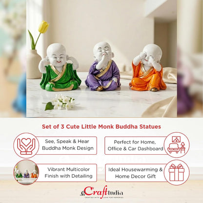 eCraftIndia Resin Green, Purple & Orange Think No Evil Speak No Evil Hear No Evil Set of 3 Cute Little Monk Buddha Statues Decorative Showpieces for Car Dashboard Home Office Desk Decor Gift Purpose