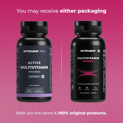 Nutrabay Pro Active Multivitamin for Women – Effective Doses of Iron, Vitamin A, B5, B6, C, D, E & K and Minerals – Immunity, Hair, Skin & Bone Support – 60 Tablets | 100% RDA Dosage | Purity Tested