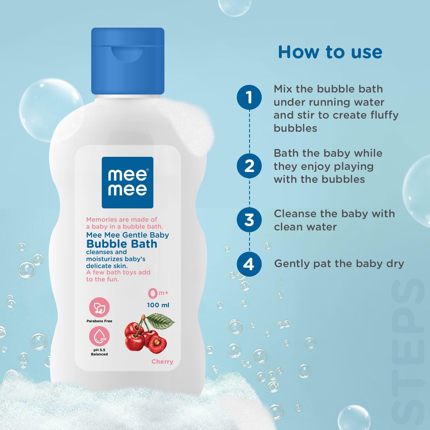 Mee Mee Baby Body Wash | Pk of 1(100ml) With Cherry & Fruit Extracts | Tear-Free Formula | Moisturizes and Soothes Skin | Natural Head to Toe Baby Mild Bubble Bath Dermatologically Tested