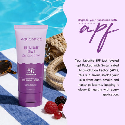 Aqualogica Illuminate+ Dewy Gel Sunscreen SPF 50+ PA++++, 80g | 2% Arbutin-Hyaluron Complex & Wild Berries | Broad Spectrum UVA/UVB & Blue Light Protection | Fragrance-Free | No White Cast | Lightweight | For Men & Women