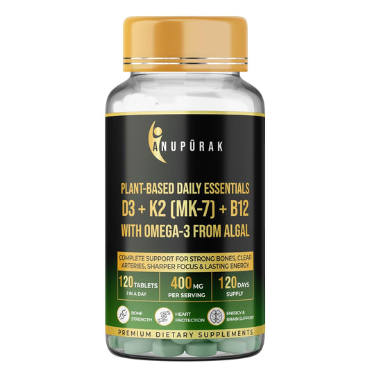 ANUPURAK Vegan D3 K2 B12 & Omega 3 DHA Tablets | 4-in-1 Daily Essential Supplement | Bone, Brain, Heart & Energy Support | D3 (Lichen) + K2 MK-7 (Natto) + B12 + 250mg Algal DHA | 120 Veg Tablets (120 Days)