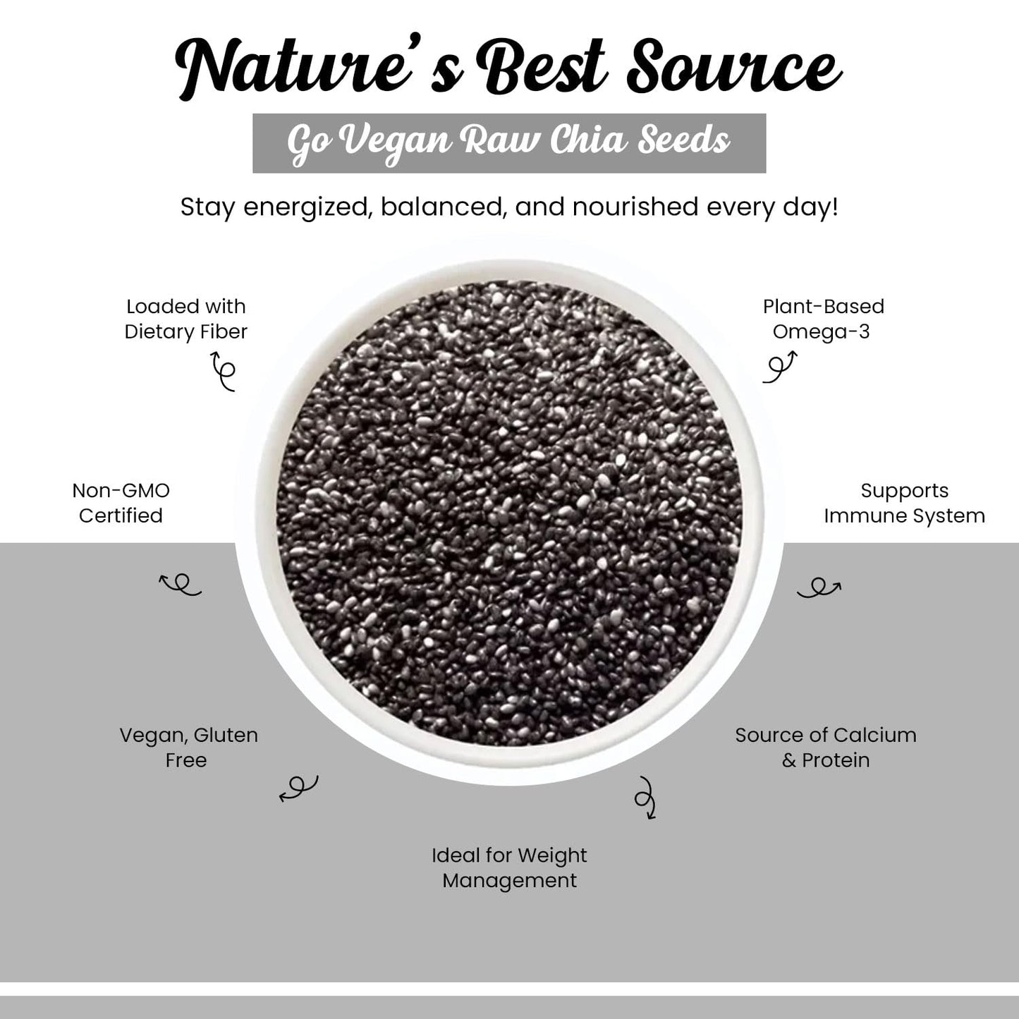 Go Vegan Raw Chia Seeds - 250 Gram Jar Pack | Omega 3 and Fibe Seeds for Weight Management | Rich in Calcium, Protein & Fibre