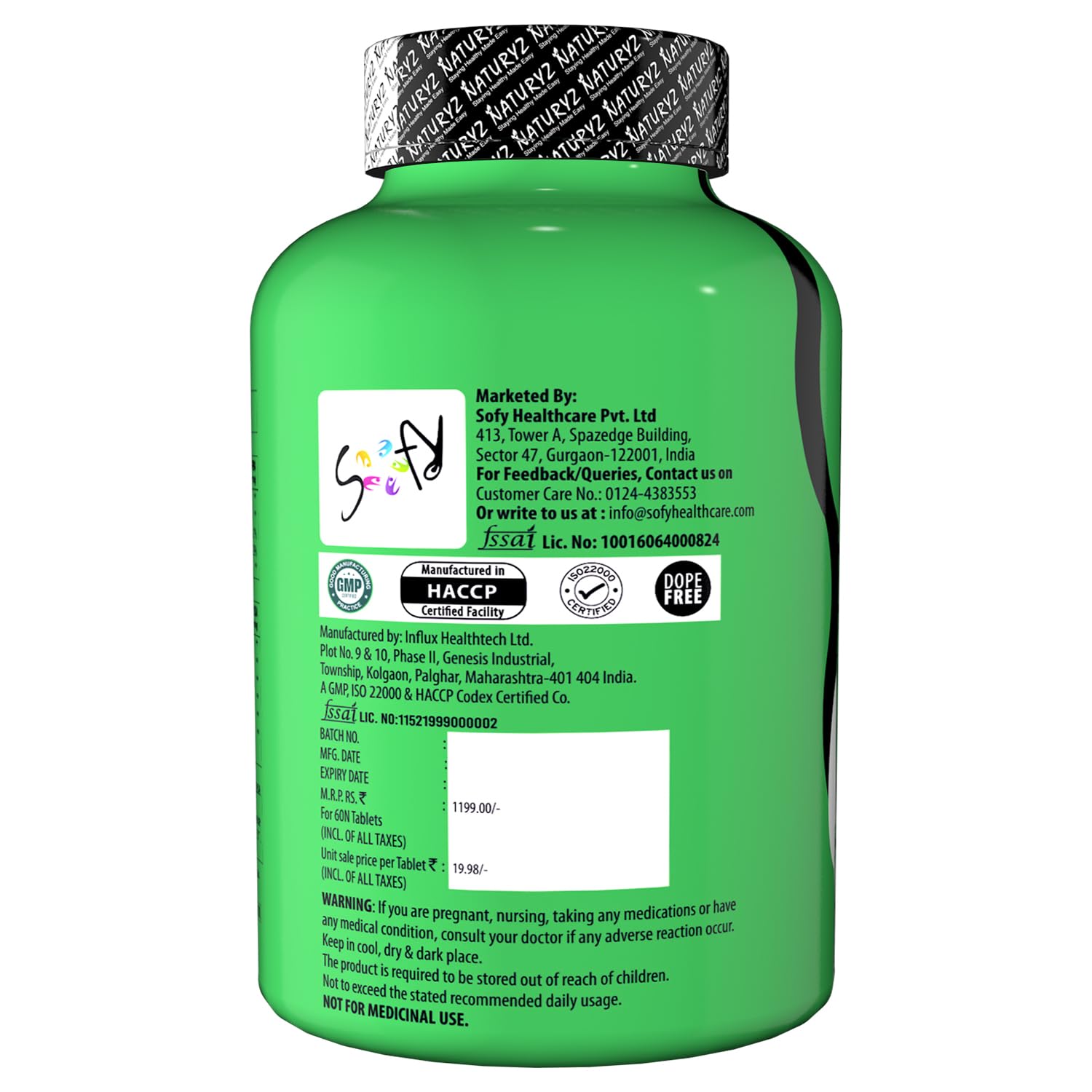 Green supplement bottle with label on a white background