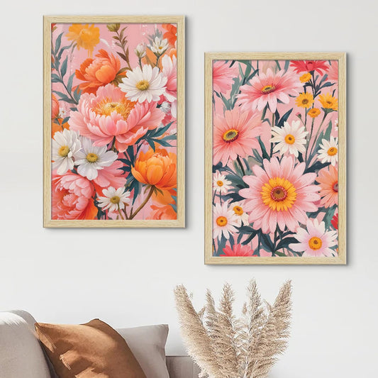Floral Art Paintings with Frame for Home Decor, Wall Painting for Living Room, Multicolor, Natural Wood Color Frames, Set of 2