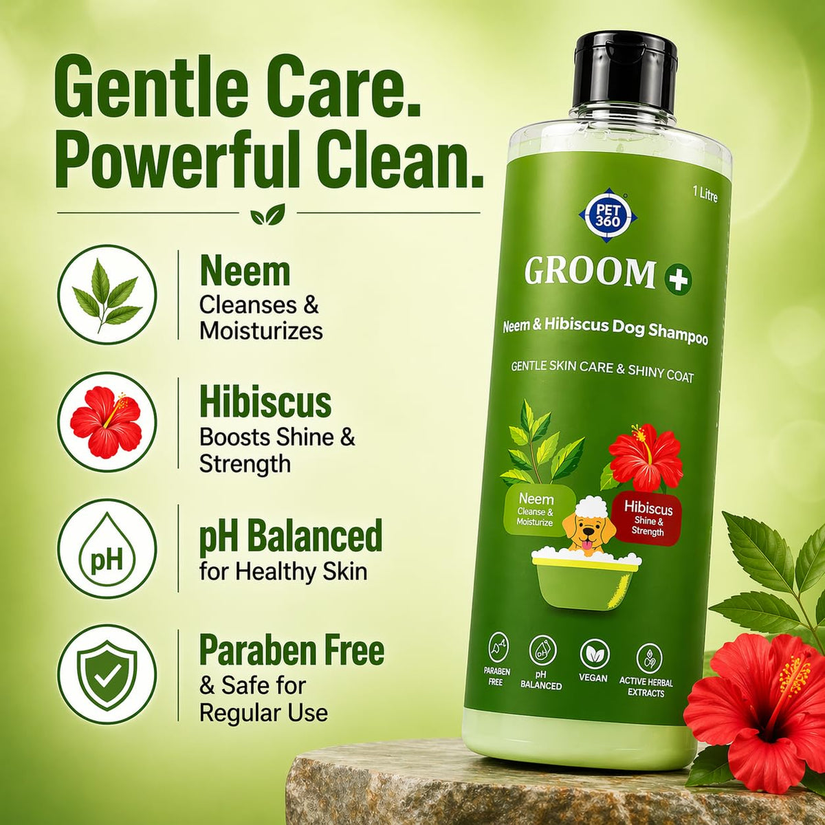 PET360 Groom+ Neem Hibiscus Oatmeal Puppy & Dog Shampoo 1000ml | Vegan Cruelty-Free | Non-Toxic pH Balanced | Phthalate & Paraben Free | Natural Pet Grooming