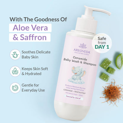 AreoVeda Ceramide Baby Wash & Shampoo (200ml) | PENTAVITIN® And Inulin Prebiotic | Ceramide Care + Long Lasting Hydration | Safe For Newborns