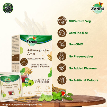 Zandu Ashwagandha Amla Ayurvedic Infusion, a Herbal Tea Enriched with 6 Ayurvedic Ingredients (25 Tea Bags)