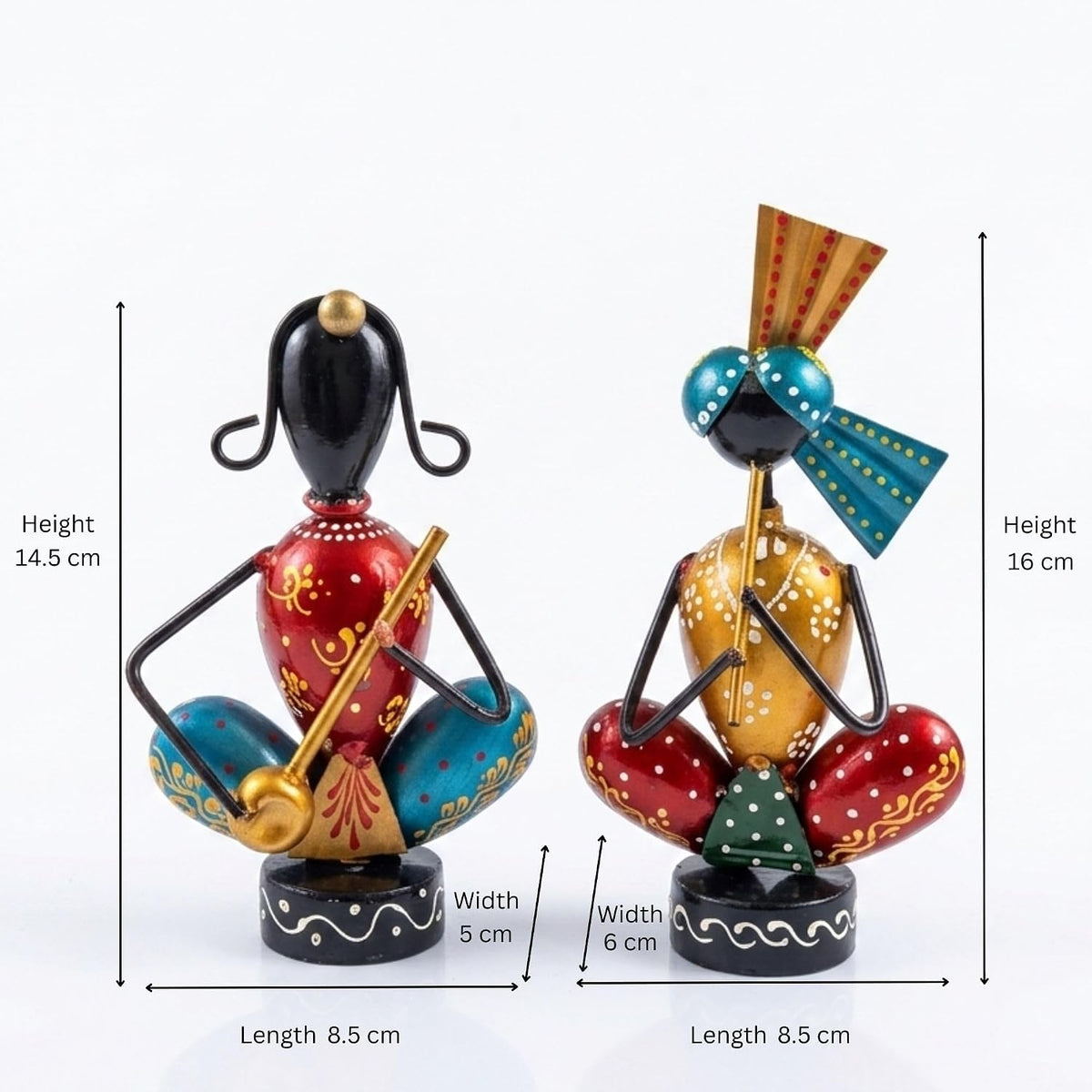 Hand-Painted, Handcrafted Metal Musician Figurines Set of 2, Multicolour, 14.5 cm and 16 cm Height, | Traditional Indian Folk Art Showpiece | Decorative Tabletop & Home Décor Idol