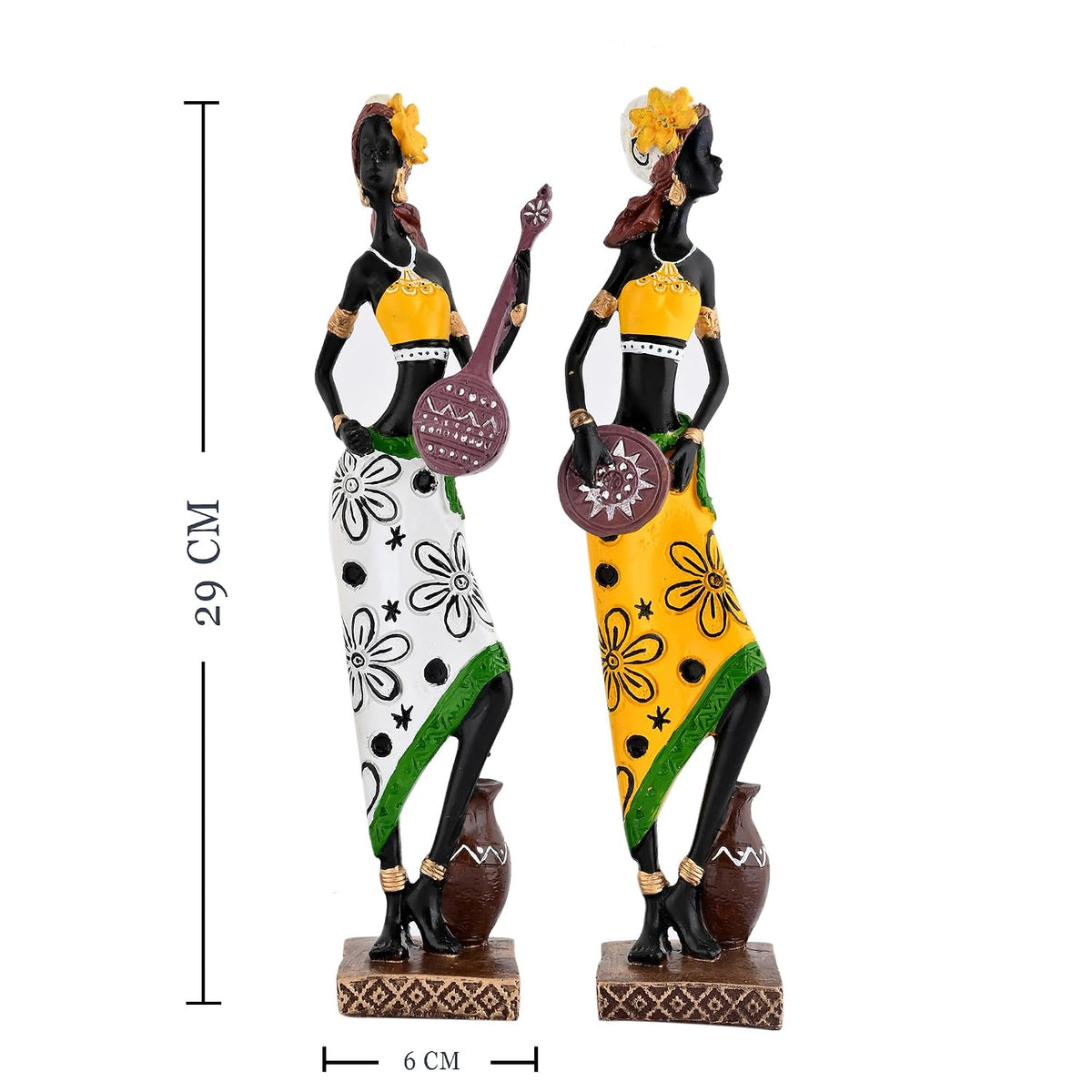Resin African Girl with Musical Instruments|Captivating Home Décor (Pack of 2, Yellow & Black- Model 2, Large)