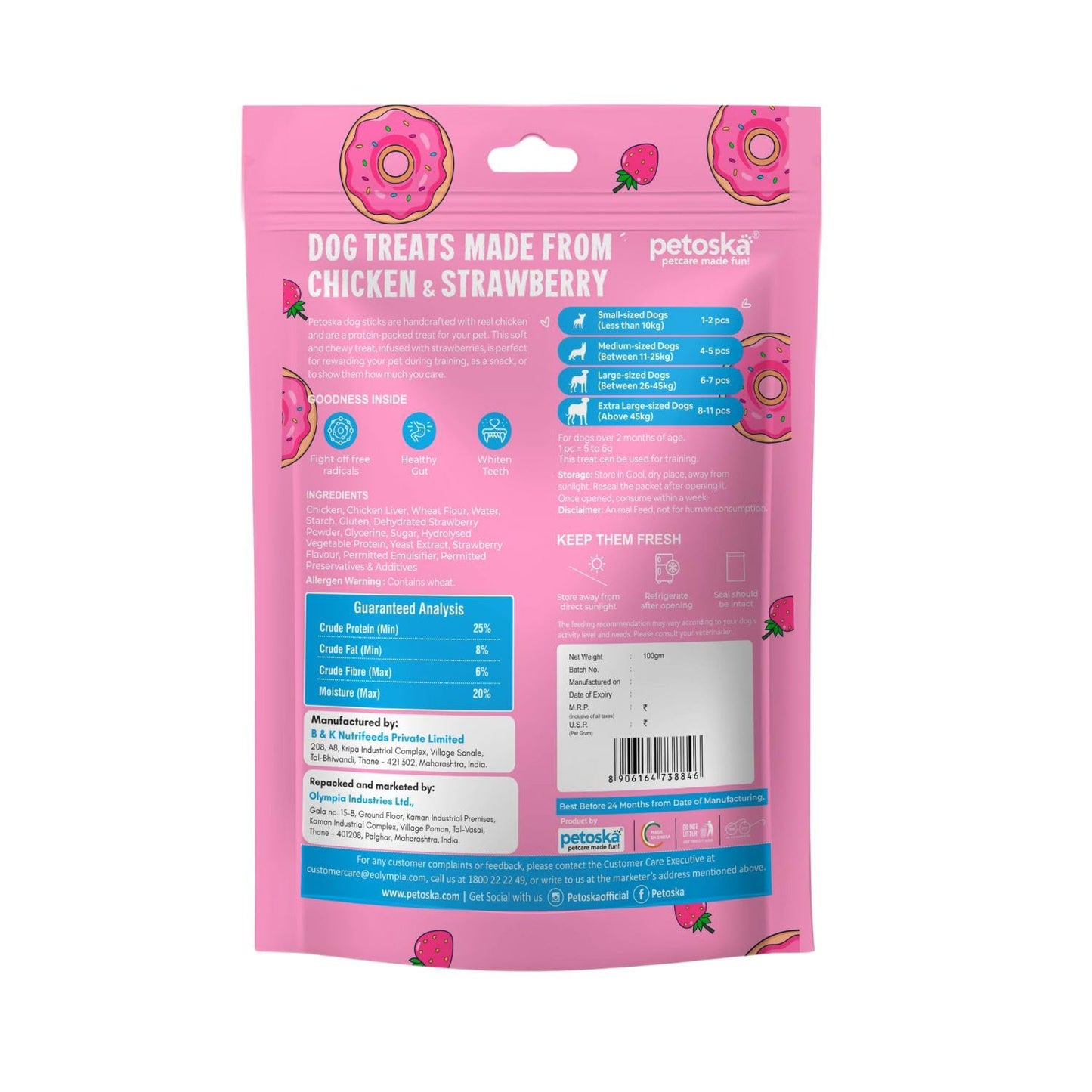 Petoska Chicken & Strawberry Sticks- 100gms | Healthy Dog Treats | Real Chicken & Strawberry | Soft, Chewy & Nutritious | Snacks for Dogs & Puppies