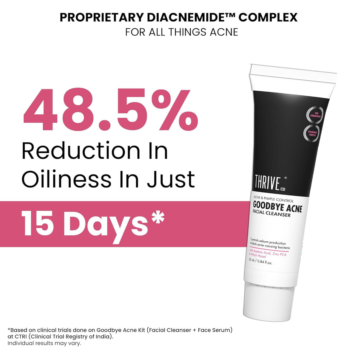 Thrive Goodbye Acne facial cleanser with promotional text about oiliness reduction.