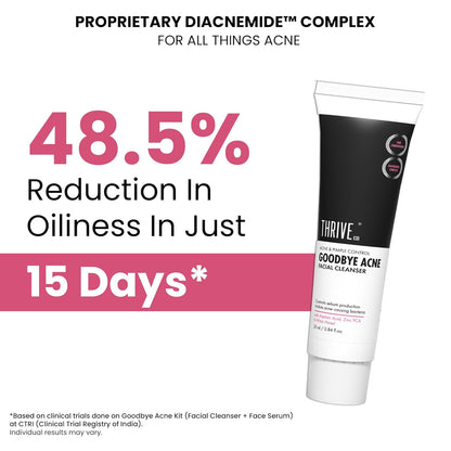 Thrive Goodbye Acne facial cleanser with promotional text about oiliness reduction.