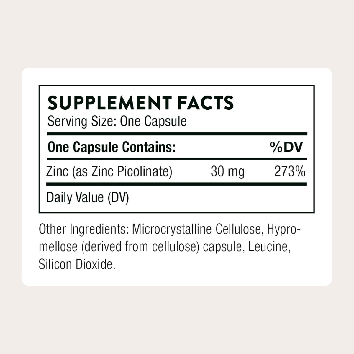 Supplement facts label with zinc content on a light gray background