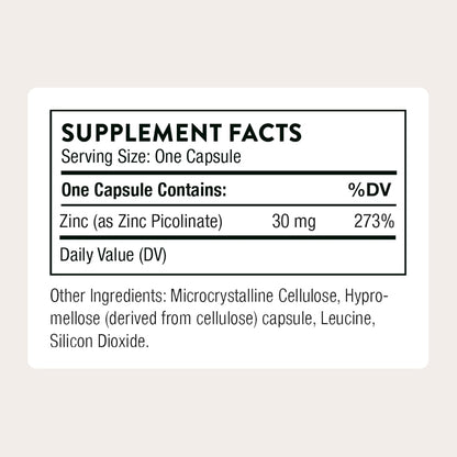Supplement facts label with zinc content on a light gray background