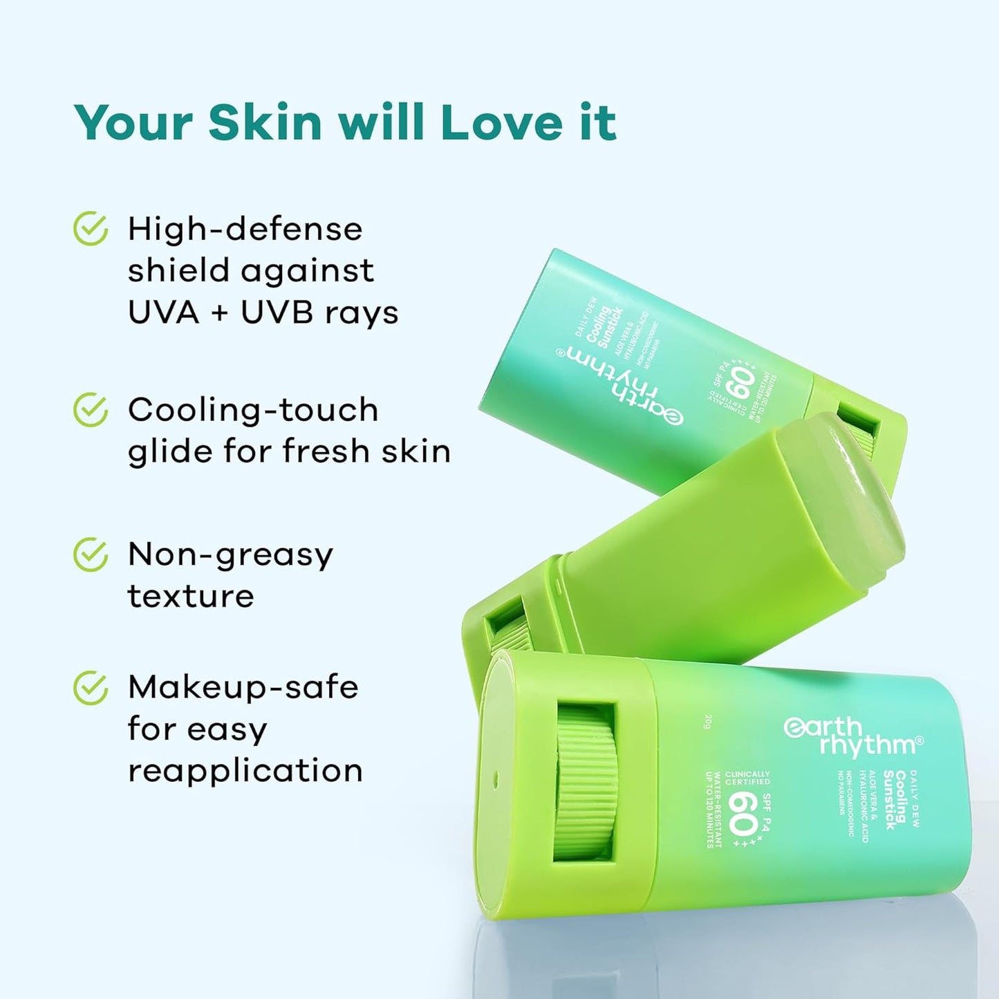 Earth Rhythm Daily Dew Cooling Sunstick SPF 60 PA ++++ with Hyaluronic Acid & Aloe Vera, In Vivo Tested