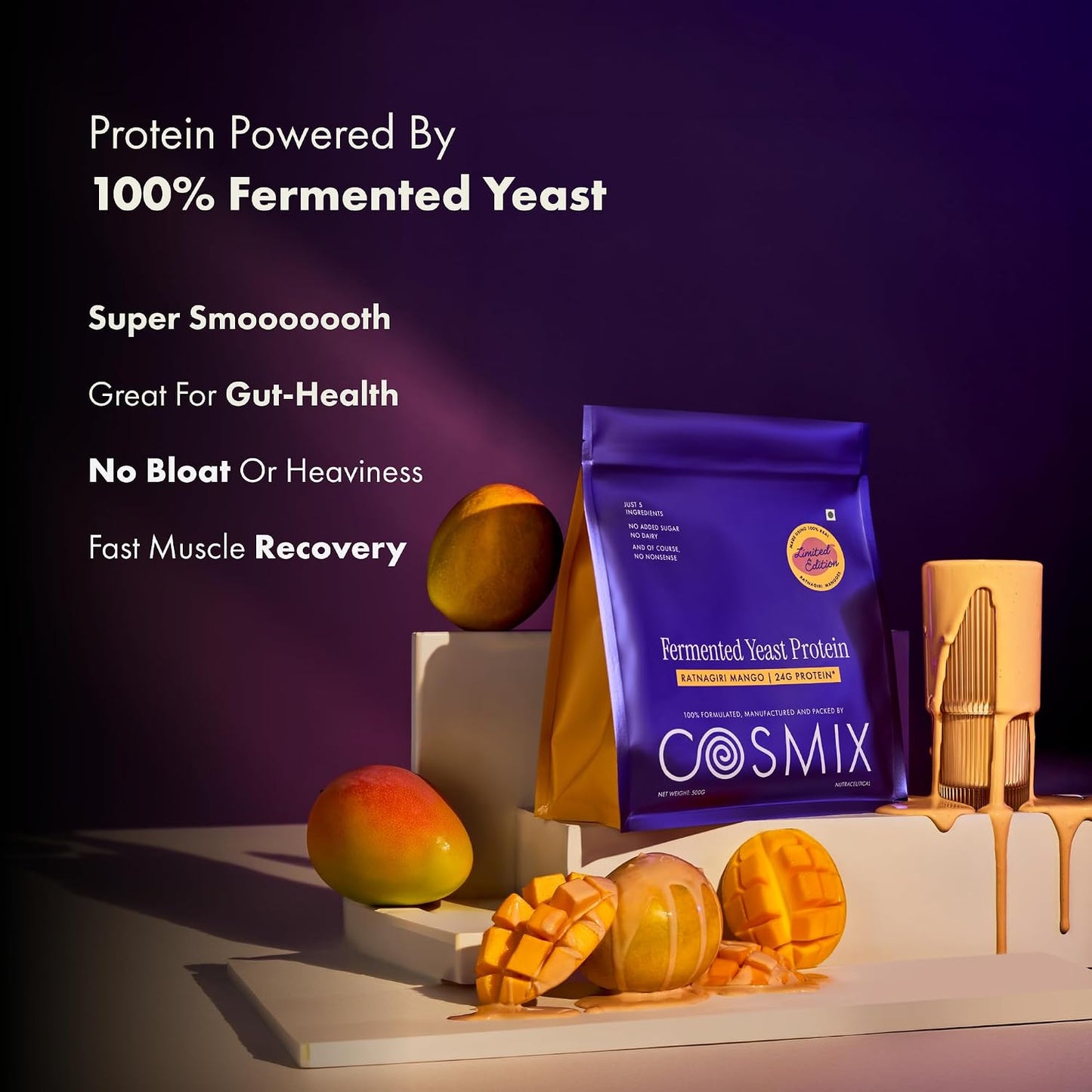 Cosmix Fermented Yeast Protein Powder | 24g Protein | Made with Real Mango | High Absorption with PDCAAS of 1 | No Dairy | Made In-House | Smooth, Tasty & Gut-Friendly | Ratnagiri Mango, 500g Pouch