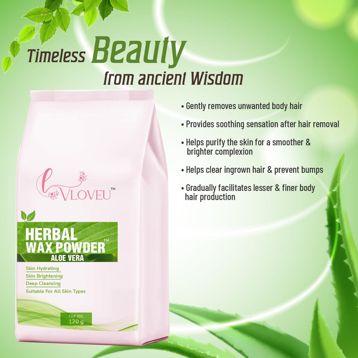 VLOVEU Wax Powder for Hair Removal for Women - 120 gm (Pack of 1) | Hair Removal Powder with Aloevera | Painless Herbal Wax Powder, All Skin Types Hands, Legs, Underarms, Bikini & Intimate Area