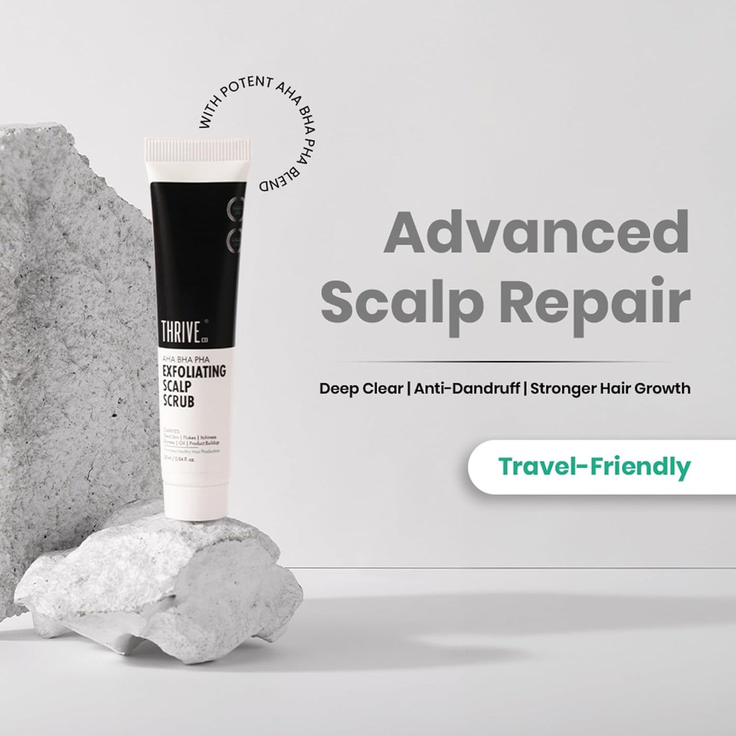 Thrive Advanced Scalp Repair scrub with text on a light gray background