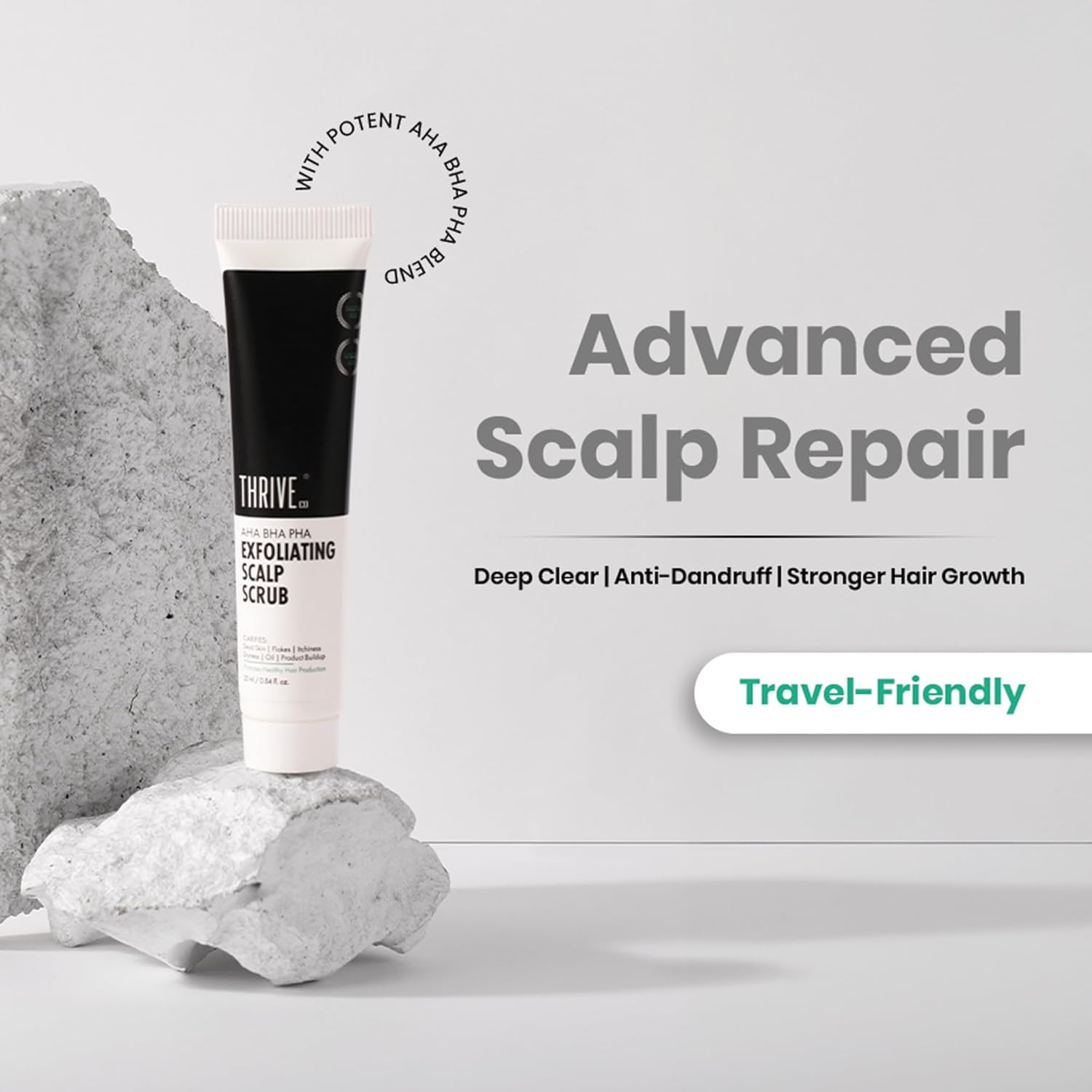 Thrive Advanced Scalp Repair scrub with text on a light gray background