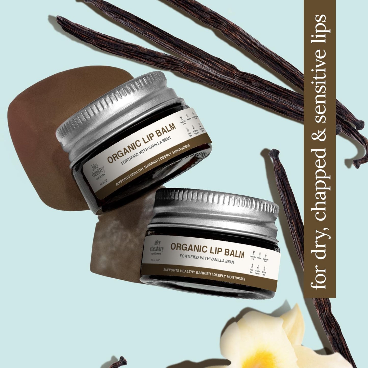 Juicy Chemistry Organic Lip Balm with Vanilla Bean, 5g | Deeply Moisturising & Nourishing Lip Care | Supports Healthy Lip Barrier | For Dry & Sensitive Lips | Dermatologically Tested | Cruelty Free & Veg