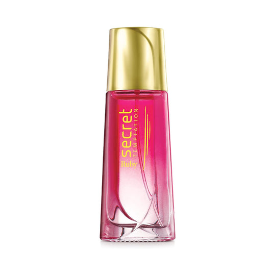 Pink perfume bottle with gold cap on a white background