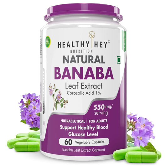 Healthy Hey Natural Banaba Leaf Extract supplement bottle with purple cap and green capsules on a white background