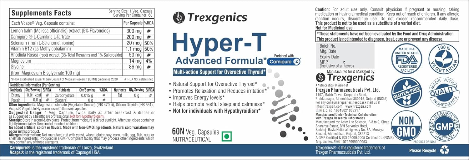 Trexegenics Hyper-T supplement label with branding and certification logos.