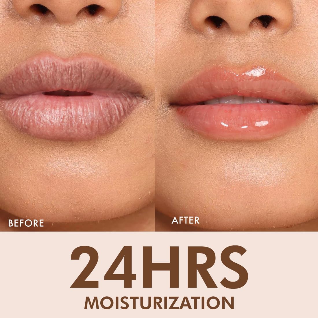 Before and after comparison of lips with 24 hours moisturization text