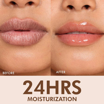 Before and after comparison of lips with 24 hours moisturization text
