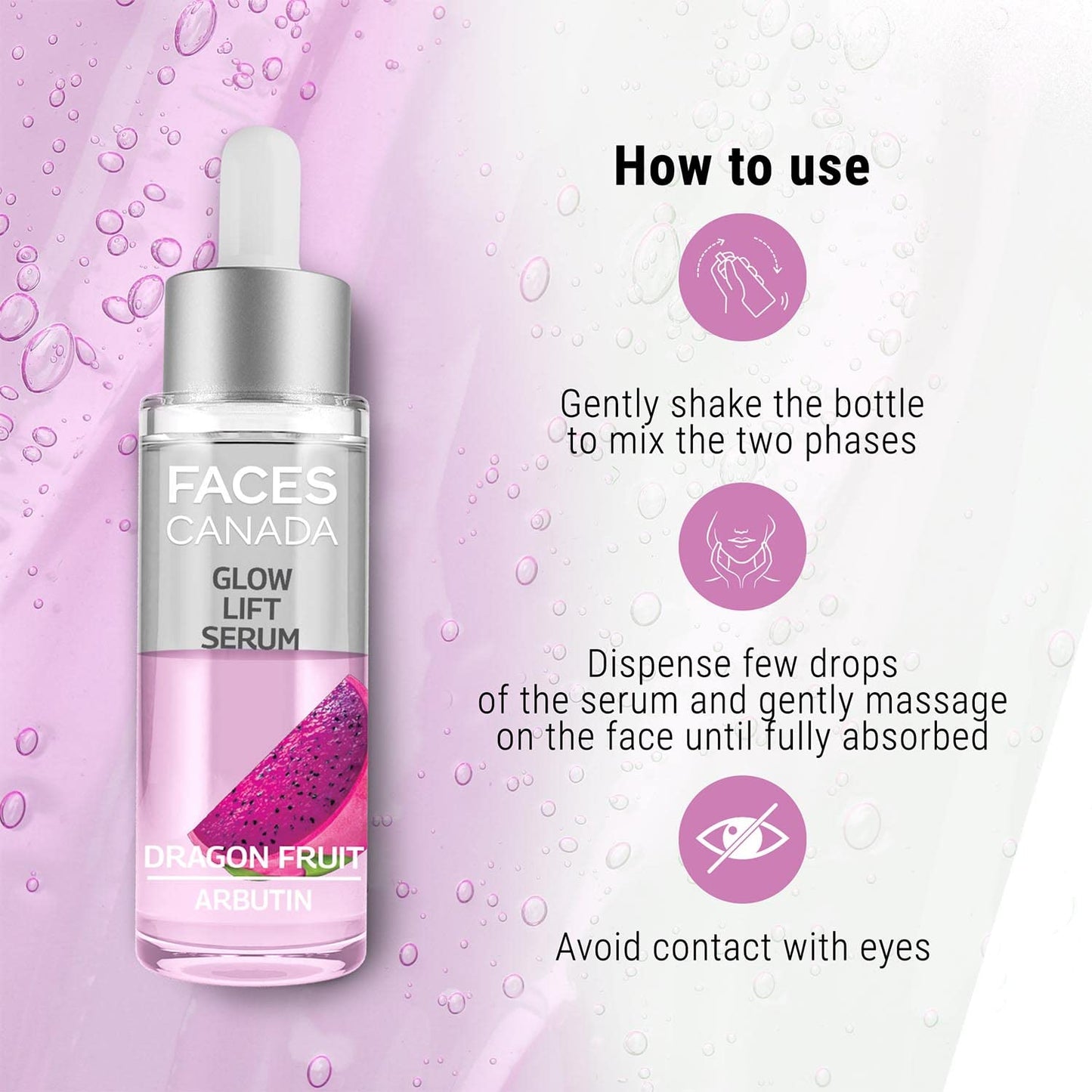 FACES CANADA Glow Lift Serum, 27 ml | Dragon Fruit & Arbutin | Biphasic Face Serum | Restores Glow & Hydrates For Spotless, Radiant & Plump Skin | Helps Reduce Dark Spots & Pigmentation | 2% Salicylic Acid (w/w)