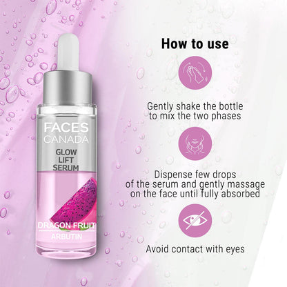FACES CANADA Glow Lift Serum, 27 ml | Dragon Fruit & Arbutin | Biphasic Face Serum | Restores Glow & Hydrates For Spotless, Radiant & Plump Skin | Helps Reduce Dark Spots & Pigmentation | 2% Salicylic Acid (w/w)