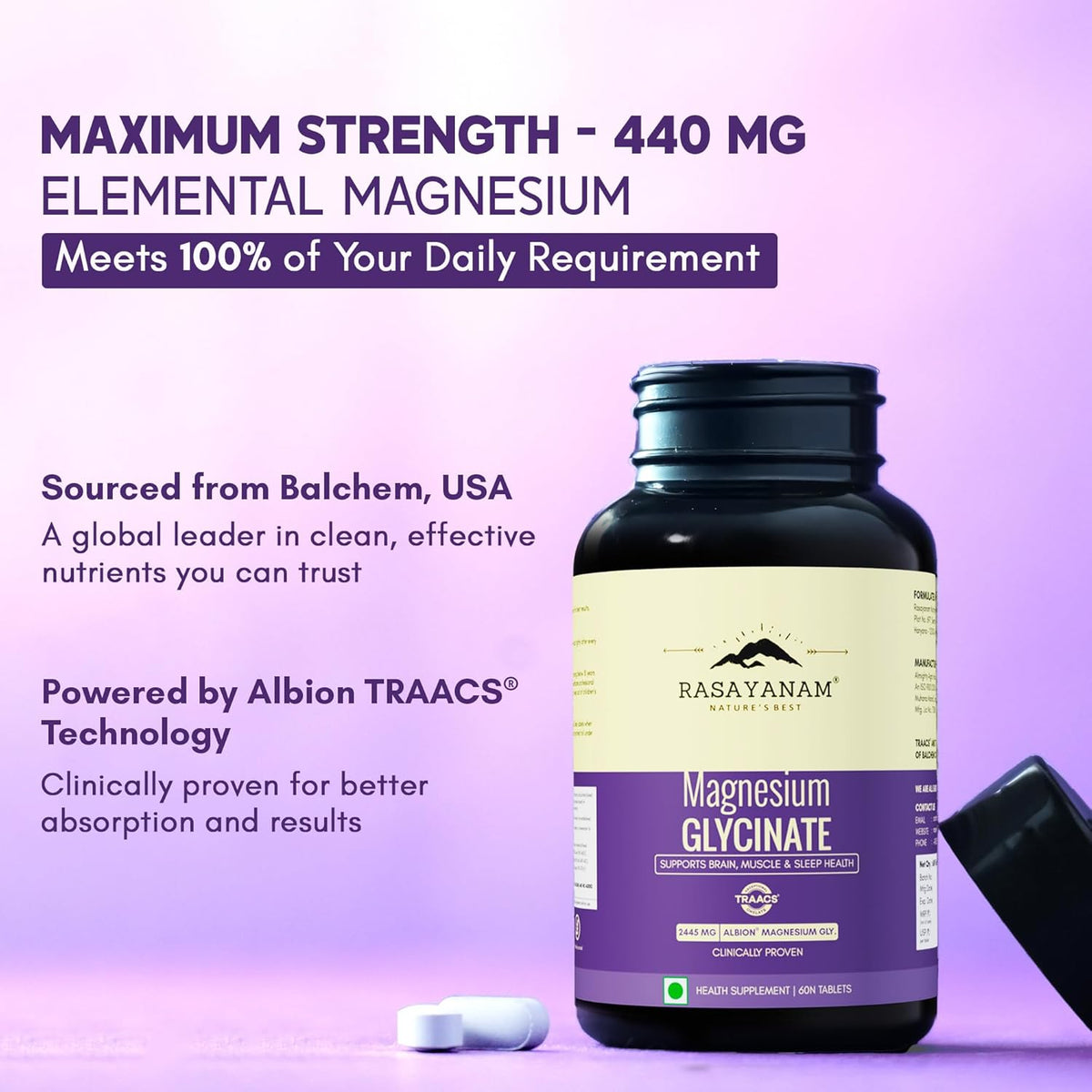 Rasayanam Magnesium Glycinate supplement bottle with purple background