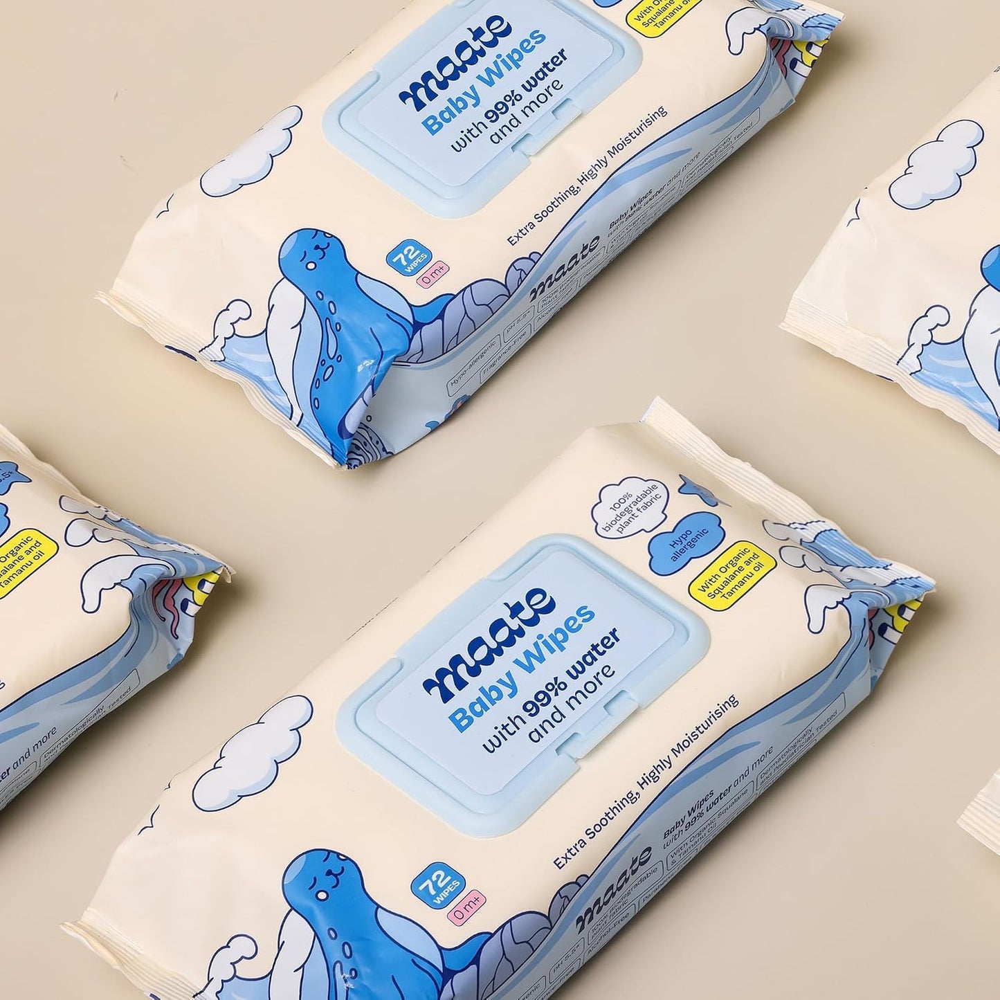 Maate Baby Wipes | Soothing & Hypoallergenic | Infused With Plant Squalane, Tamanu Oil & Aloe Vera | Moisturizing & Hydrating | Wipe for Baby's | Paraben & Sulphate Free (pack of 1, 4 wipes)